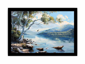 Blue lake landscape canvas art with mountains, trees, and birds for serene living room decor.