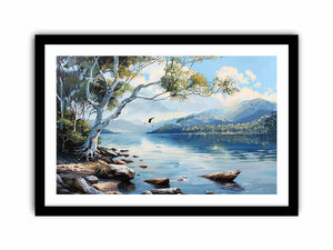Blue lake landscape canvas art with mountains, trees, and birds for serene living room decor.