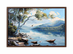 Blue lake landscape canvas art with mountains, trees, and birds for serene living room decor.