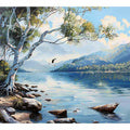Blue lake landscape canvas art with mountains, trees, and birds for serene living room decor.