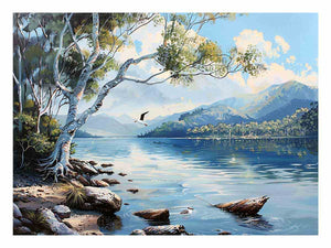 Blue lake landscape canvas art with mountains, trees, and birds for serene living room decor.