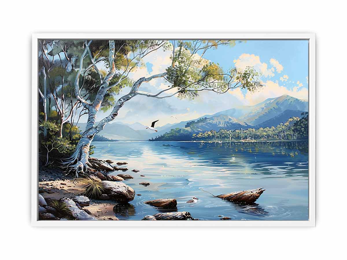 Blue lake landscape canvas art with mountains, trees, and birds for serene living room decor.