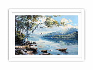 Blue lake landscape canvas art with mountains, trees, and birds for serene living room decor.