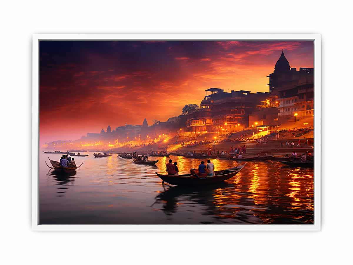 Dramatic Banaras Ganga evening canvas art for moody living room decor.