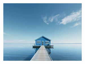 Blue boathouse coastal photography canvas art for calm bedroom decor.