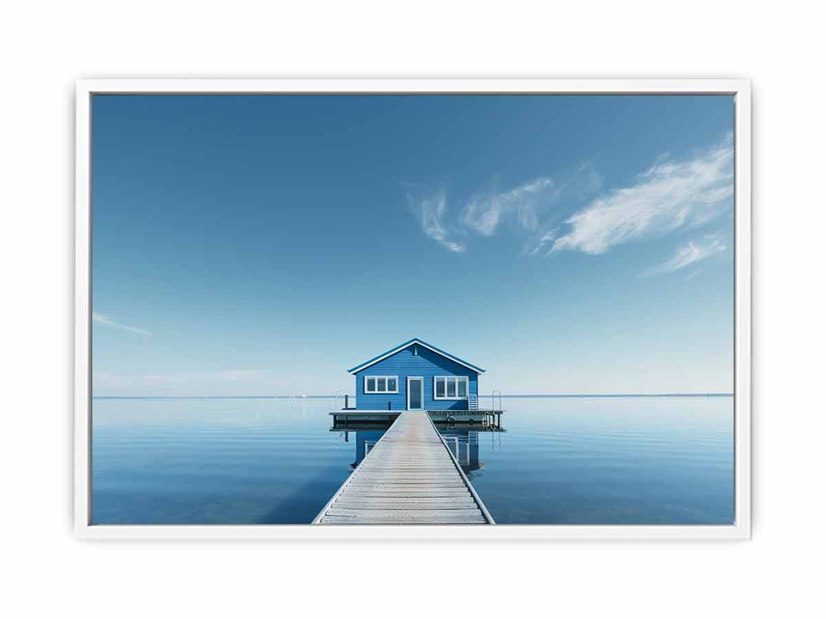 Blue boathouse coastal photography canvas art for calm bedroom decor.