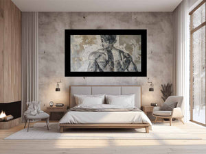 Moody neutral figurative wall art for modern bedroom or loft decor.