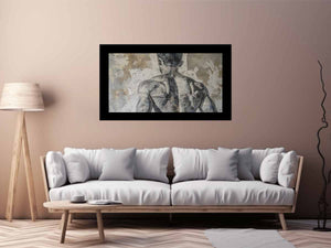 Moody neutral figurative wall art for modern bedroom or loft decor.