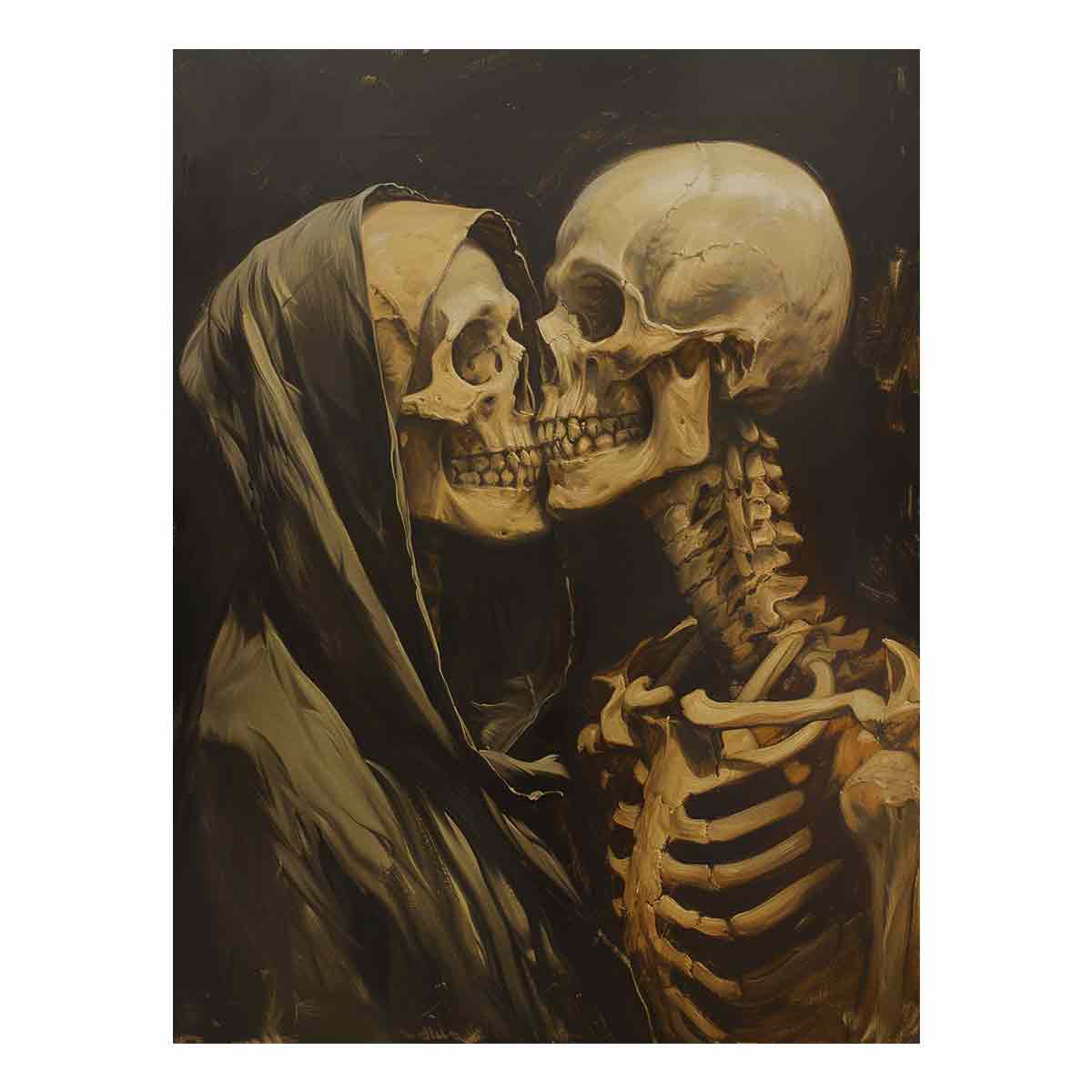 Gothic skeleton embrace canvas art for dramatic bedroom decor.