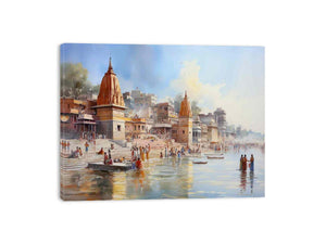 Haridwar Ganga Ghat watercolor canvas art for peaceful living room decor.