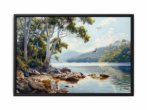 Australian river landscape canvas art with eucalyptus trees for living room decor.
