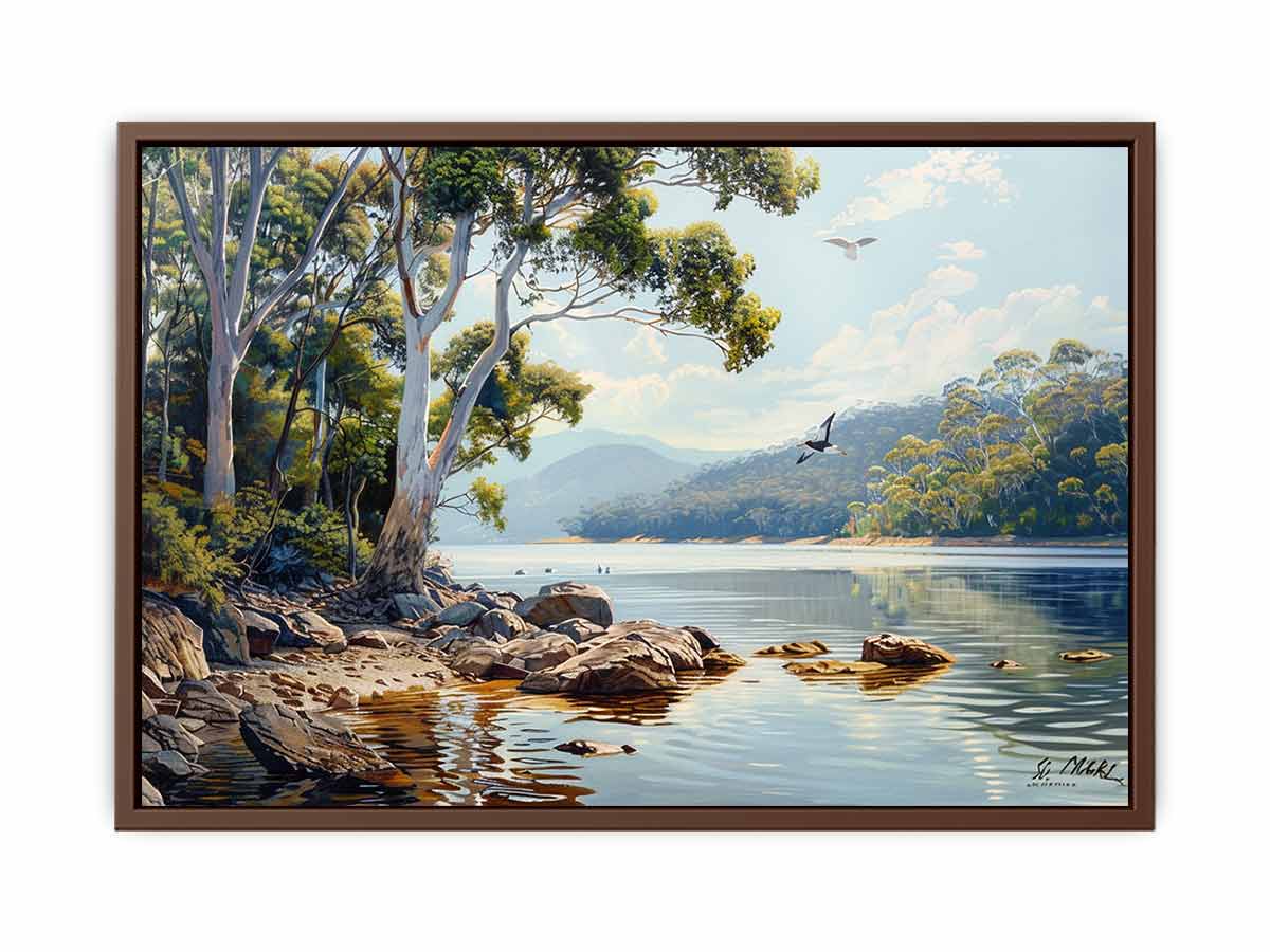 Australian river landscape canvas art with eucalyptus trees for living room decor.