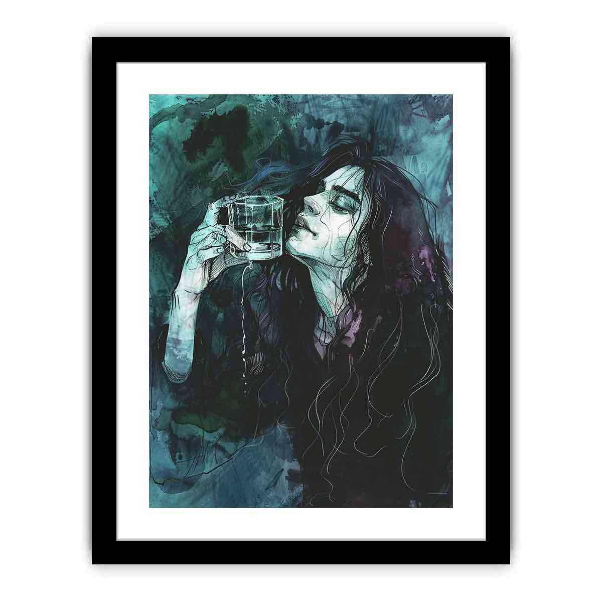 Gothic teal woman portrait canvas art for moody bedroom decor.