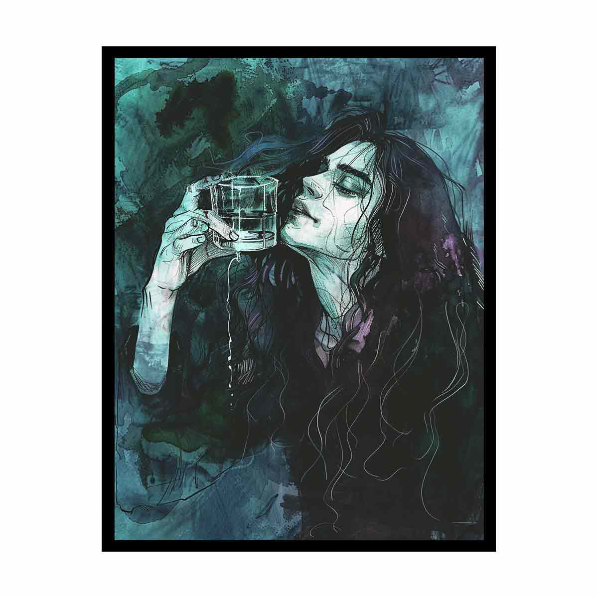 Gothic teal woman portrait canvas art for moody bedroom decor.