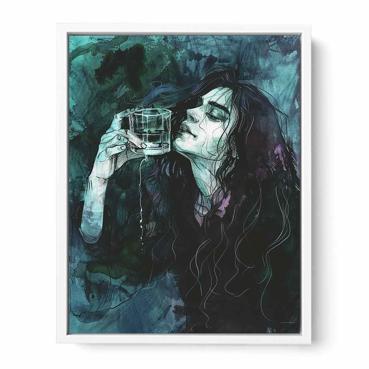 Gothic teal woman portrait canvas art for moody bedroom decor.