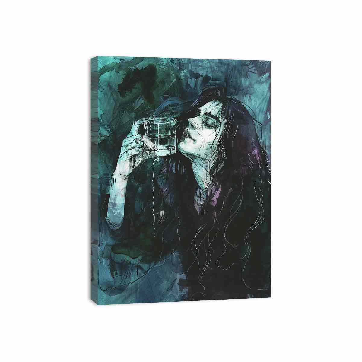 Gothic teal woman portrait canvas art for moody bedroom decor.