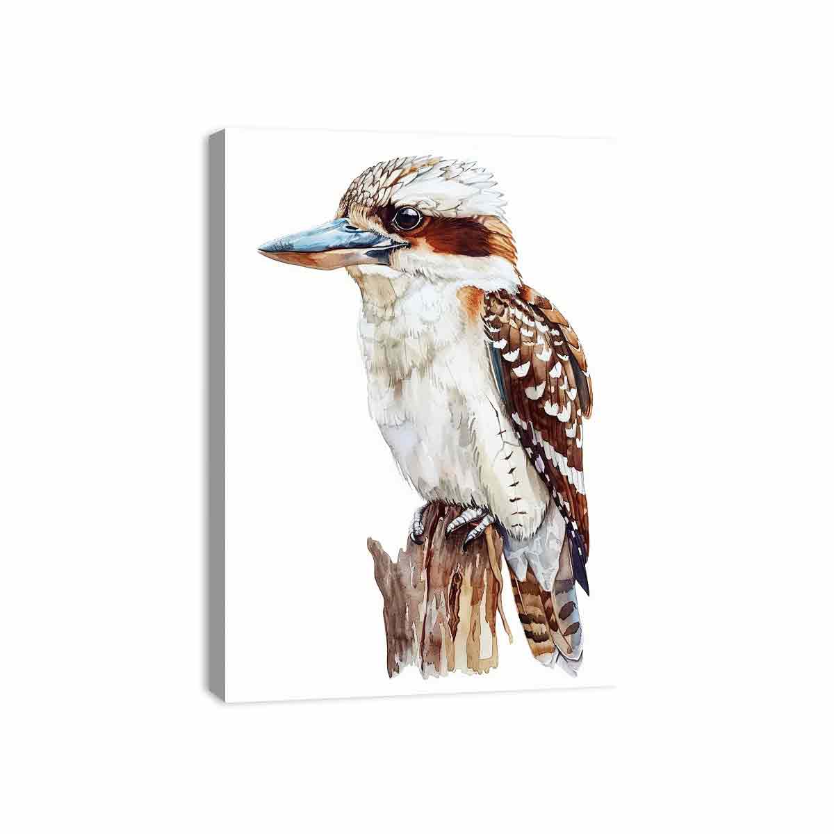 Watercolor kookaburra bird canvas art for nursery or kitchen decor.