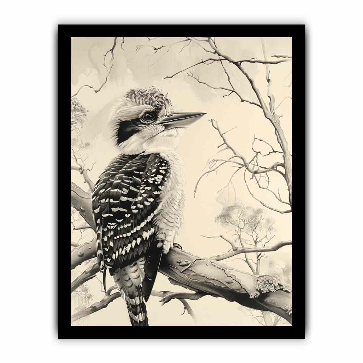Black and white kookaburra branch artwork for office wall decor.