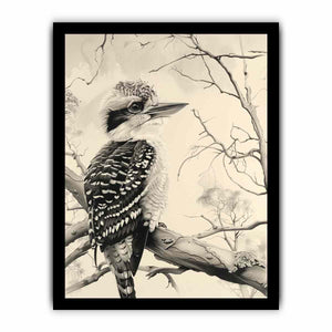 Black and white kookaburra branch artwork for office wall decor.