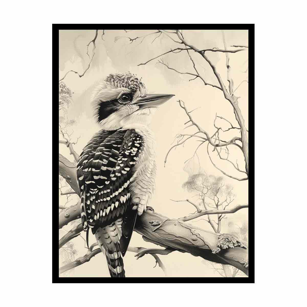 Black and white kookaburra branch artwork for office wall decor.