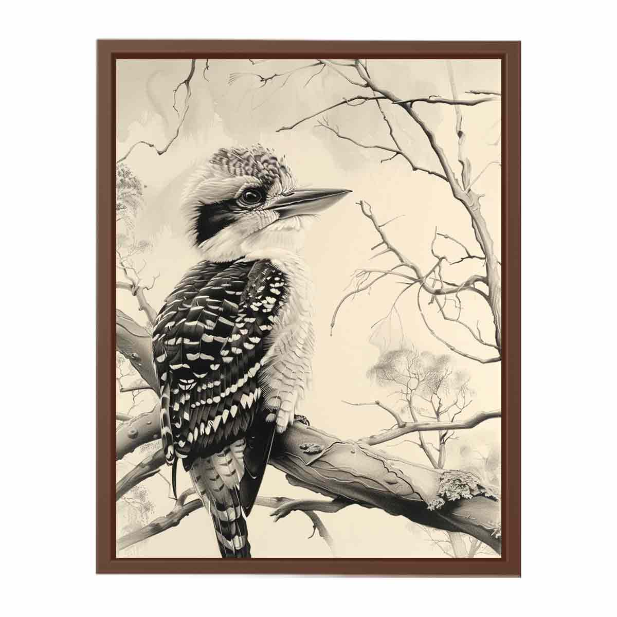 Black and white kookaburra branch artwork for office wall decor.