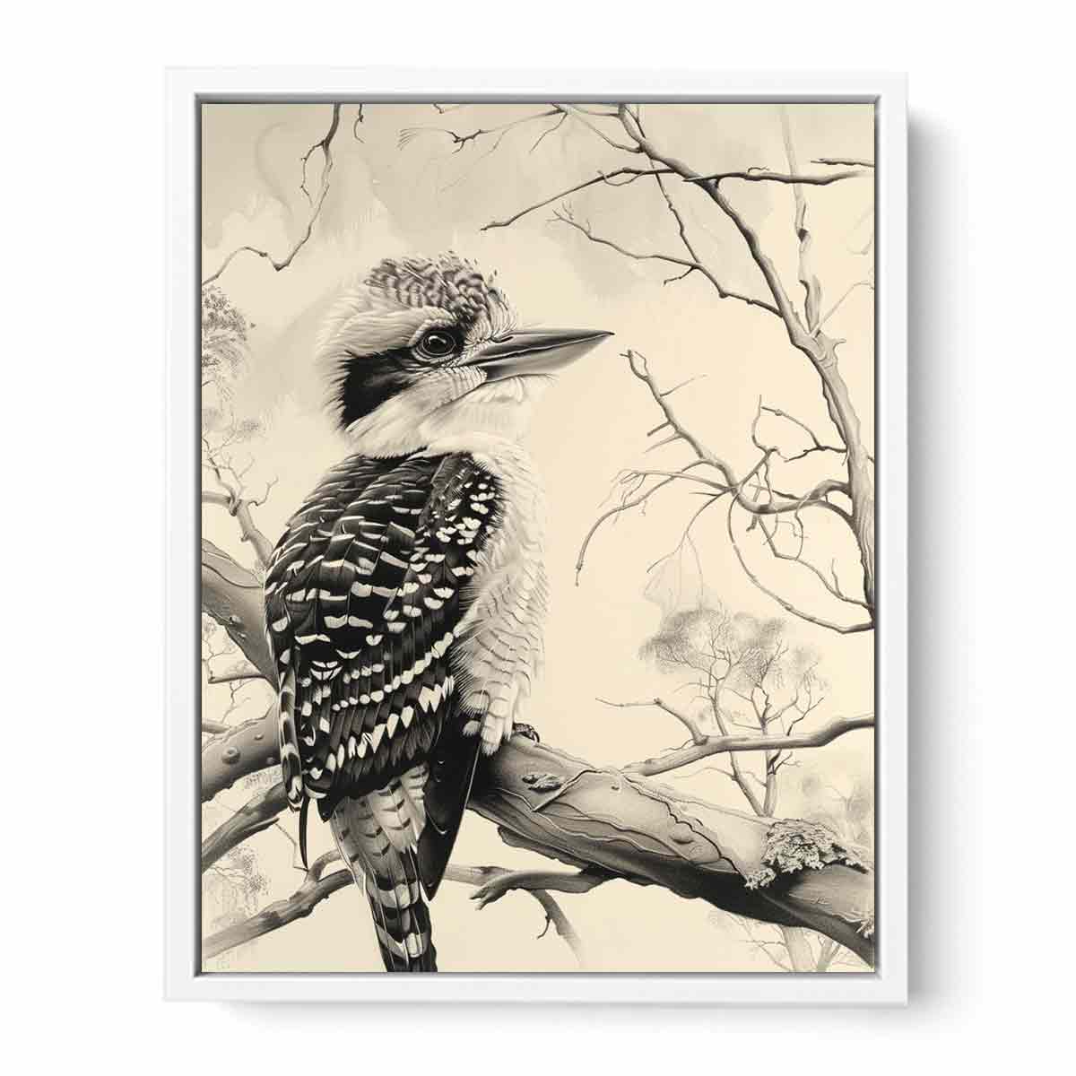 Black and white kookaburra branch artwork for office wall decor.