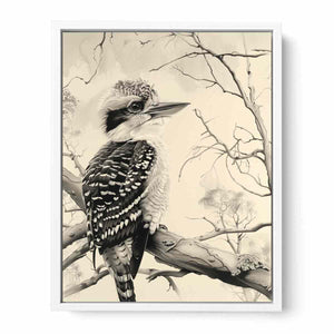 Black and white kookaburra branch artwork for office wall decor.
