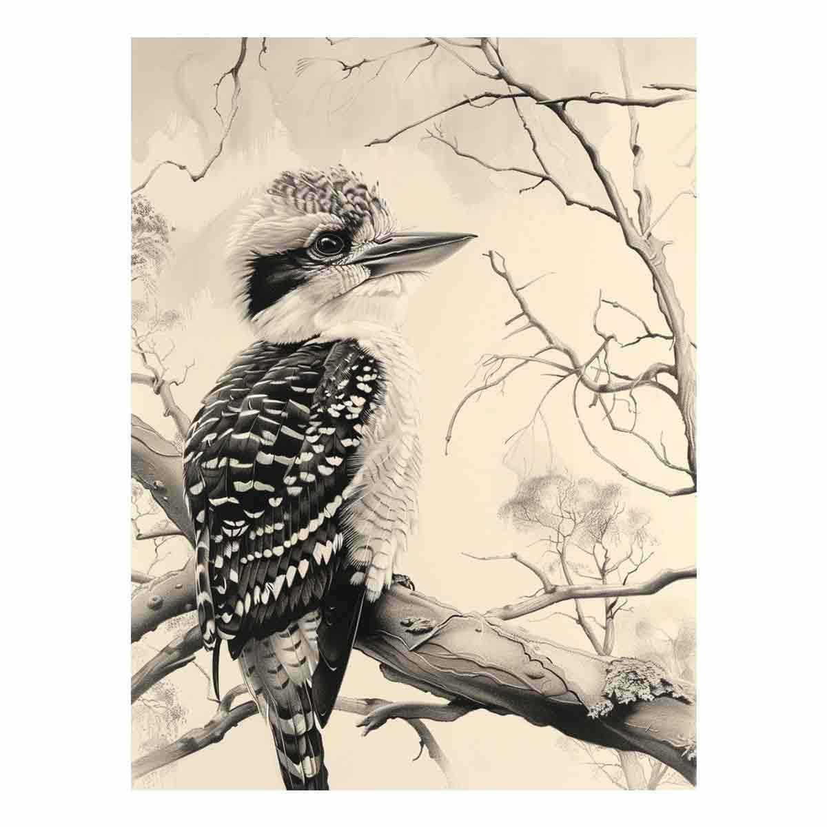 Black and white kookaburra branch artwork for office wall decor.
