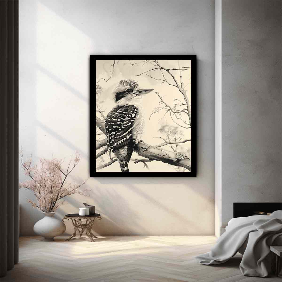 Black and white kookaburra branch artwork for office wall decor.
