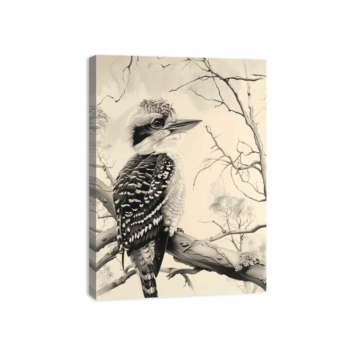 Black and white kookaburra branch artwork for office wall decor.