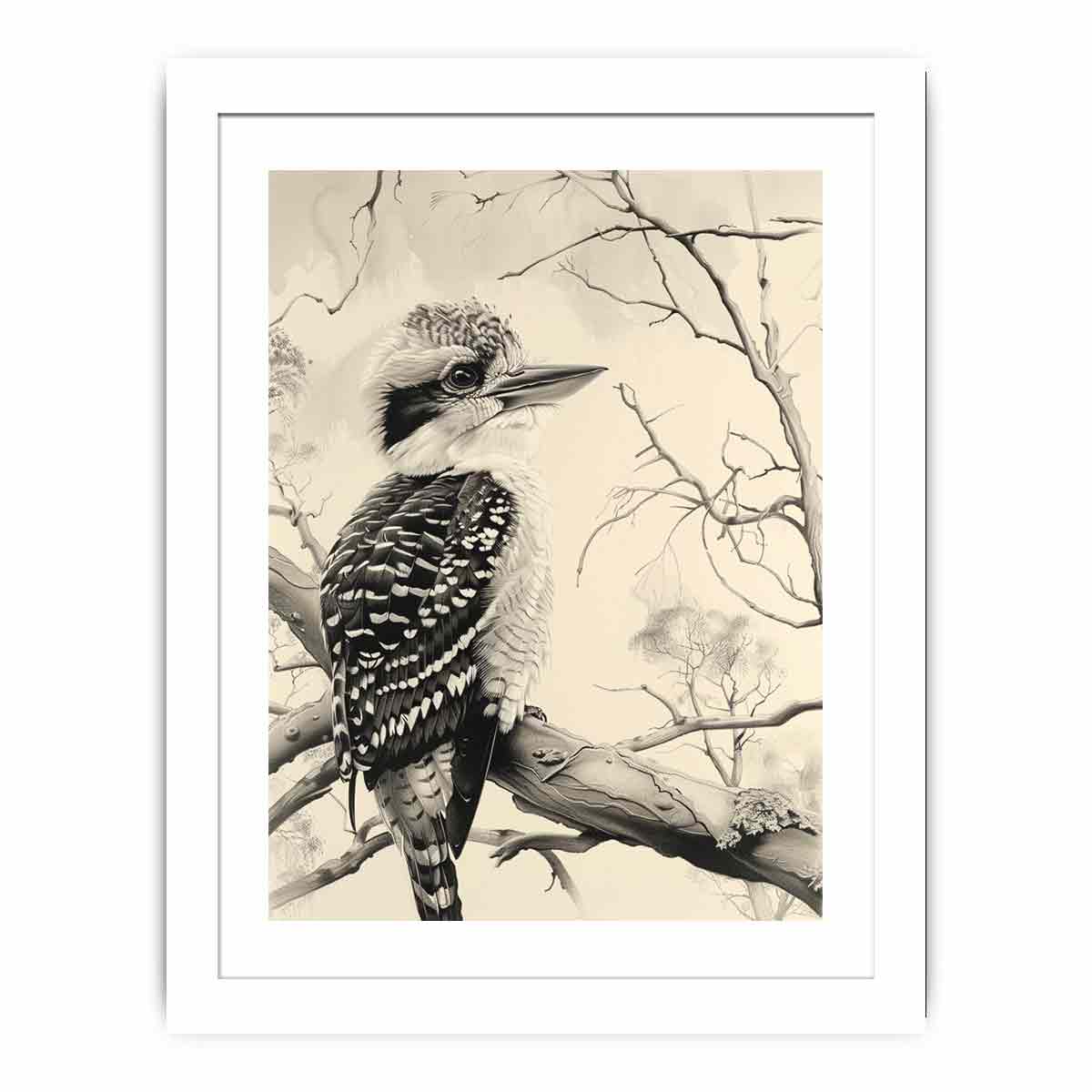 Black and white kookaburra branch artwork for office wall decor.