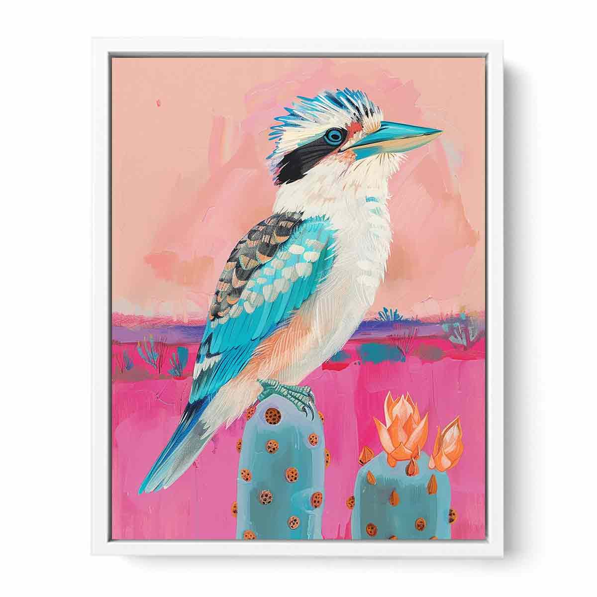 Pastel kookaburra cactus canvas art for nursery or kids room decor.