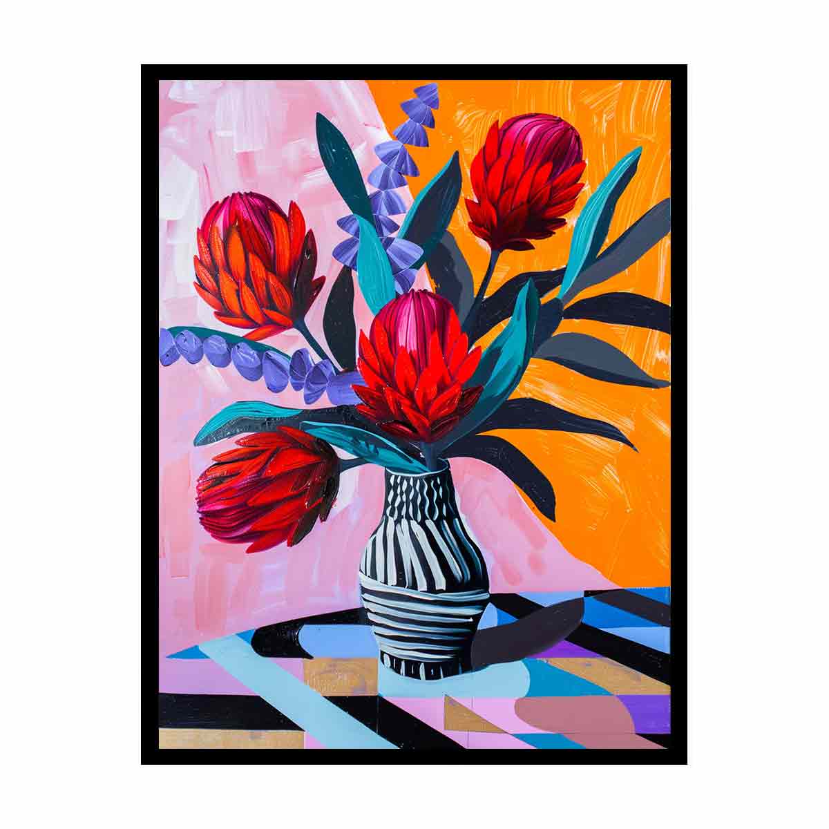Colorful protea flower vase canvas art for modern dining room decor.