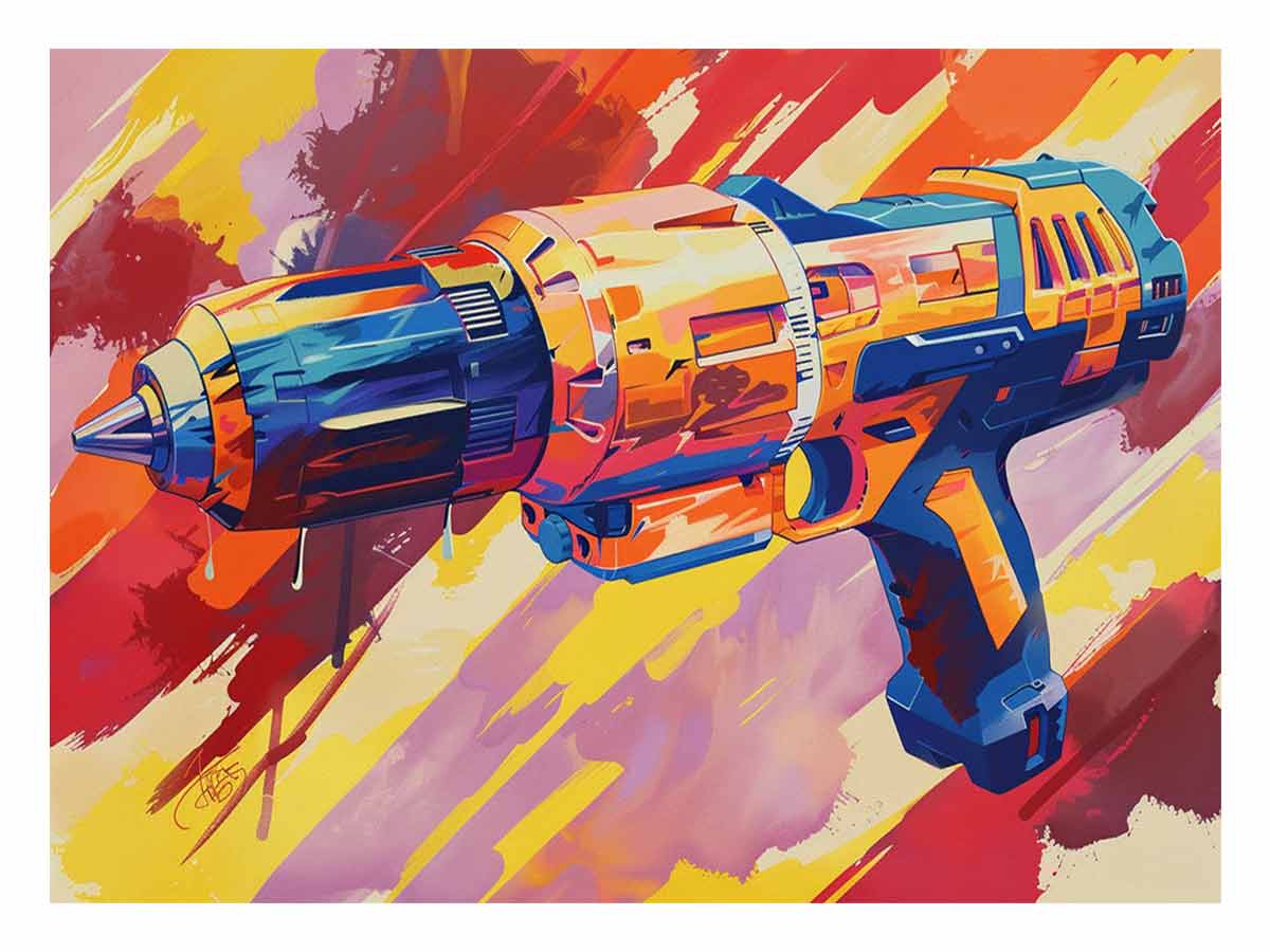 Colorful sci fi ray gun canvas print for modern game room decor.
