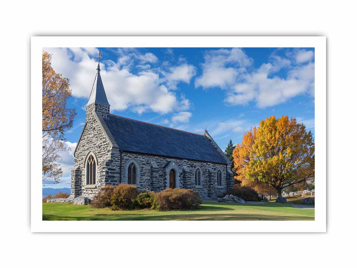 Stone church landscape canvas art with autumn trees for living room decor.