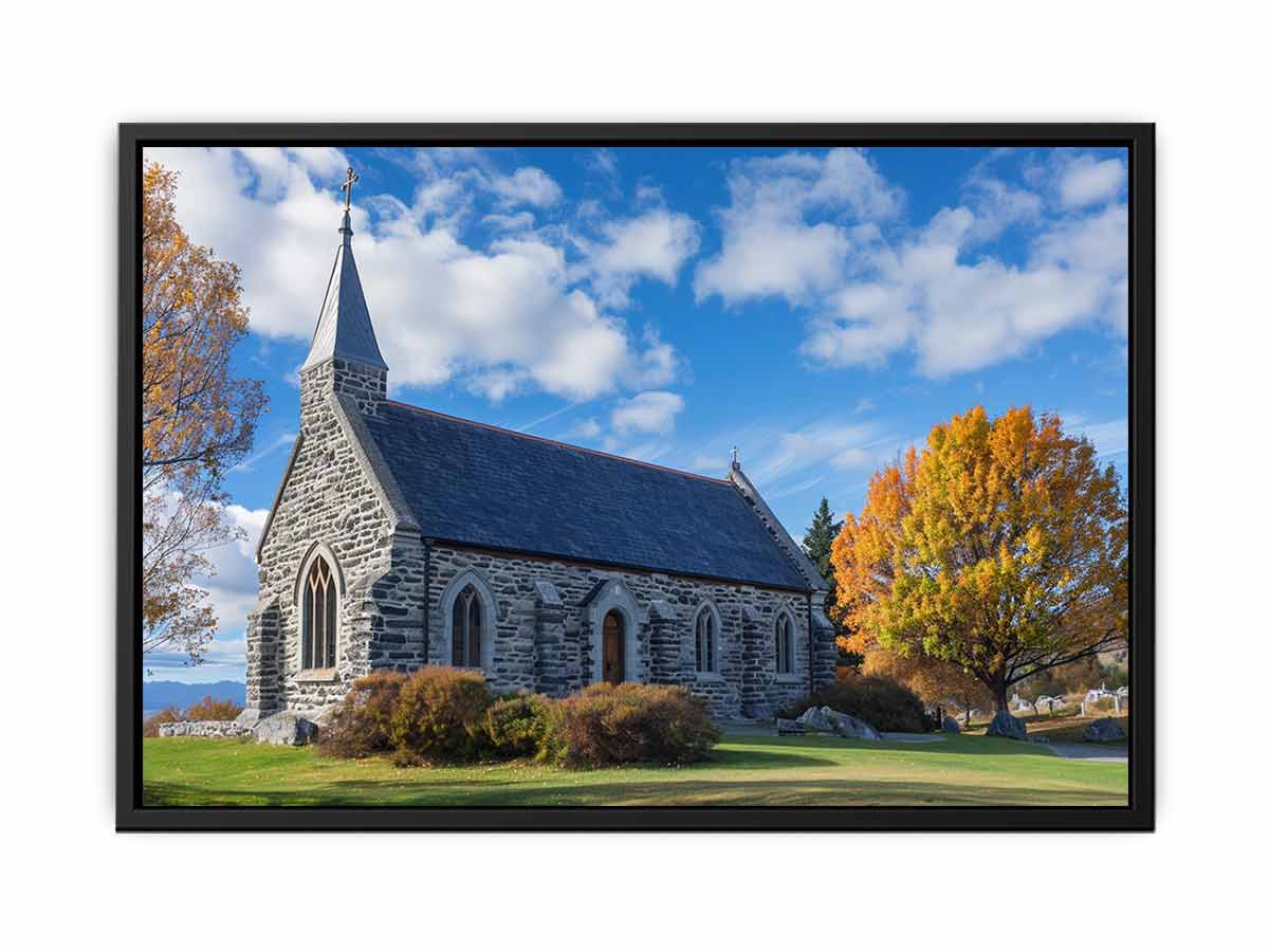 Stone church landscape canvas art with autumn trees for living room decor.