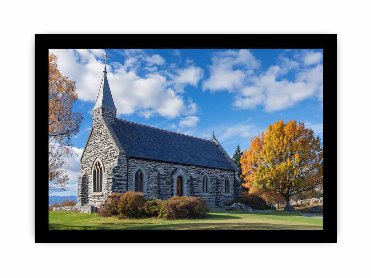 Stone church landscape canvas art with autumn trees for living room decor.