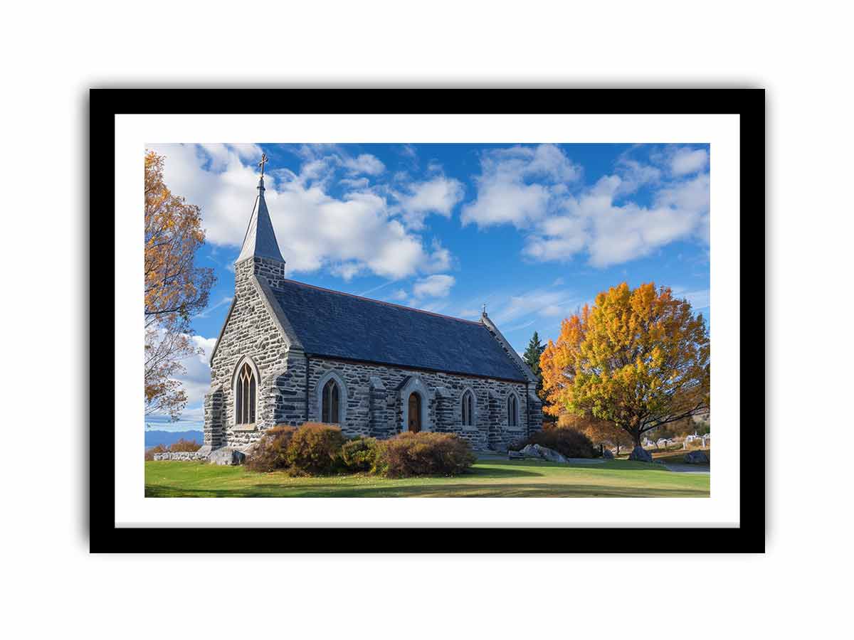Stone church landscape canvas art with autumn trees for living room decor.