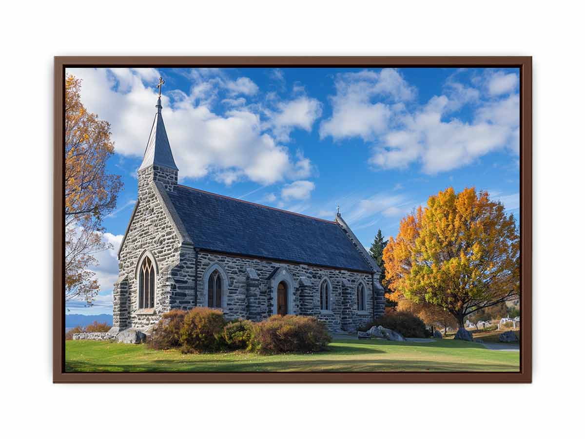 Stone church landscape canvas art with autumn trees for living room decor.