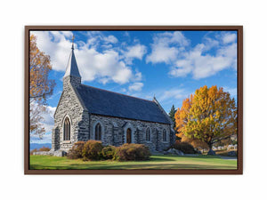Stone church landscape canvas art with autumn trees for living room decor.