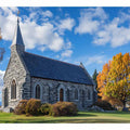 Stone church landscape canvas art with autumn trees for living room decor.