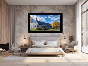 Stone church landscape canvas art with autumn trees for living room decor.
