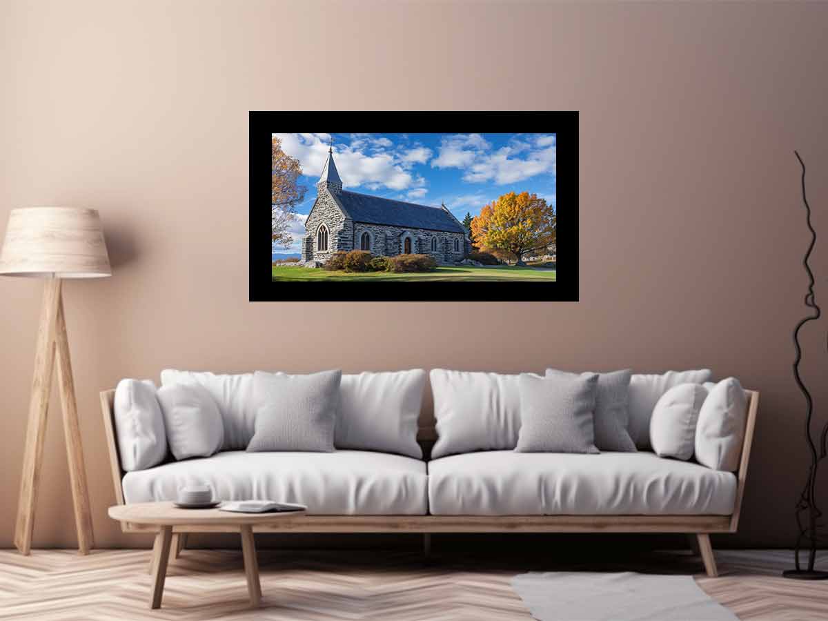 Stone church landscape canvas art with autumn trees for living room decor.