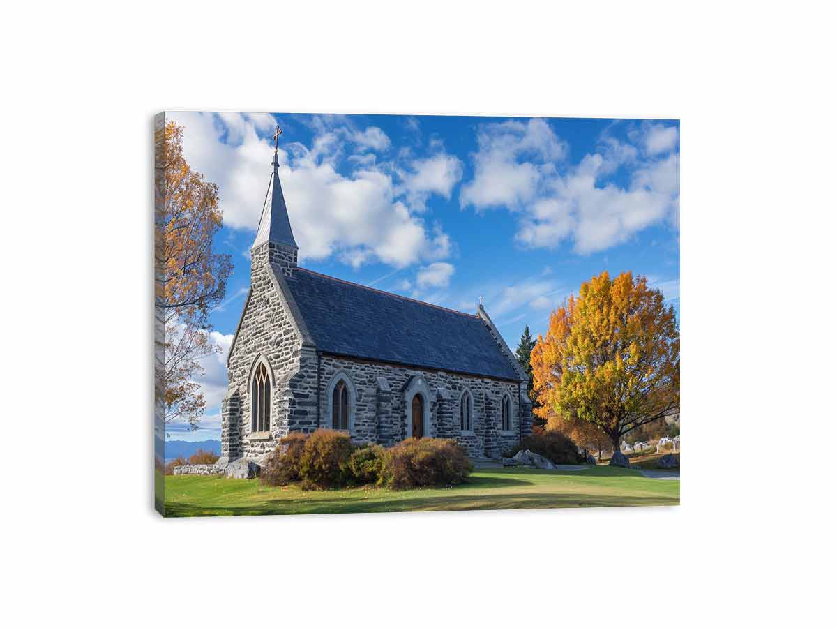 Stone church landscape canvas art with autumn trees for living room decor.