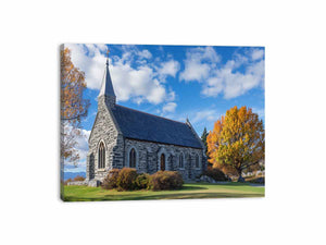 Stone church landscape canvas art with autumn trees for living room decor.