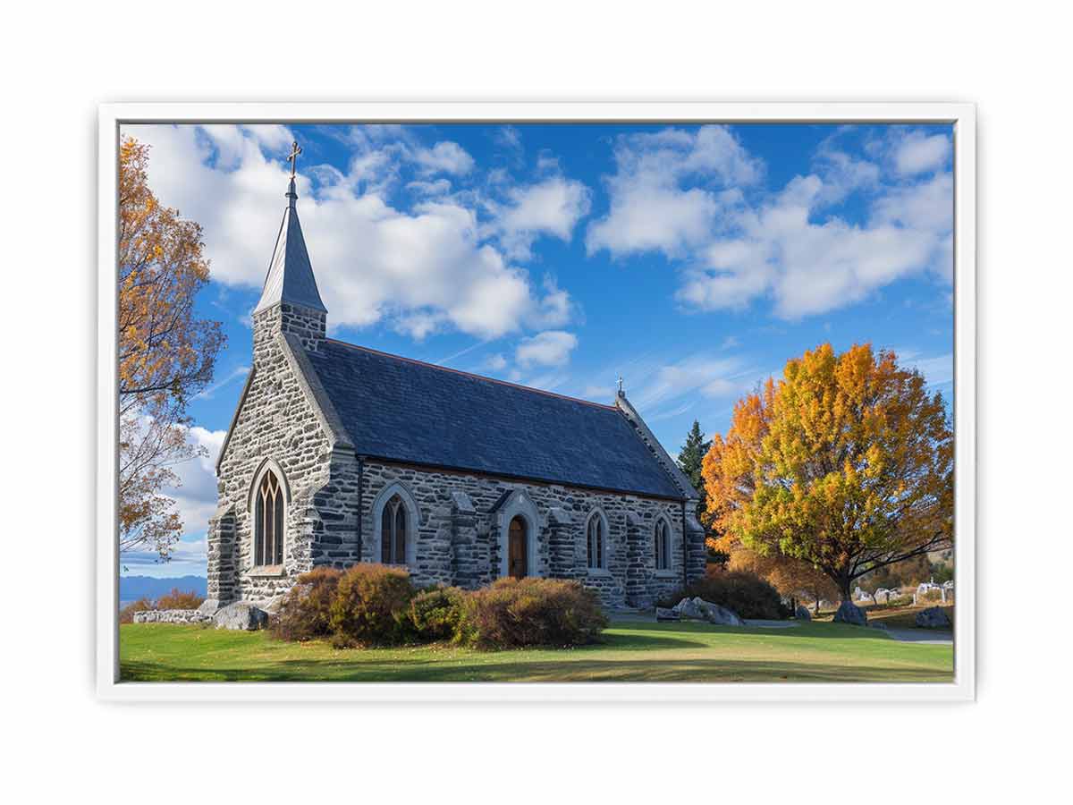 Stone church landscape canvas art with autumn trees for living room decor.