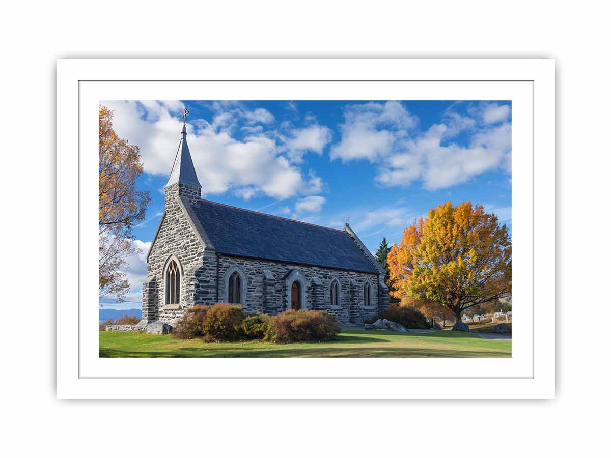 Stone church landscape canvas art with autumn trees for living room decor.
