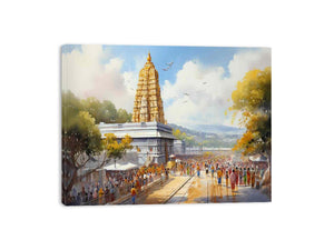 Golden temple watercolor canvas art with crowd for vibrant living room decor.