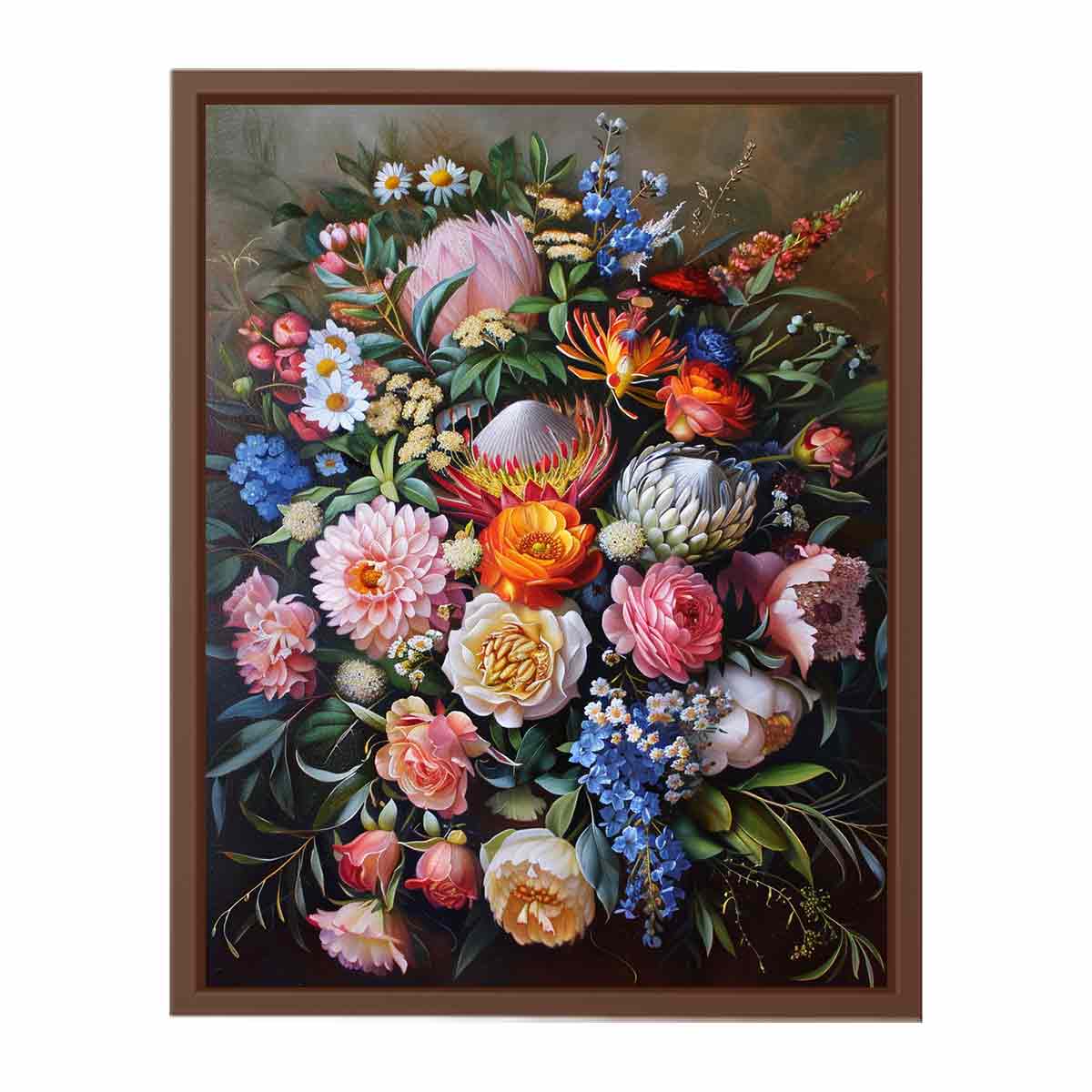 Luxury floral still life canvas print with protea flowers for elegant decor.