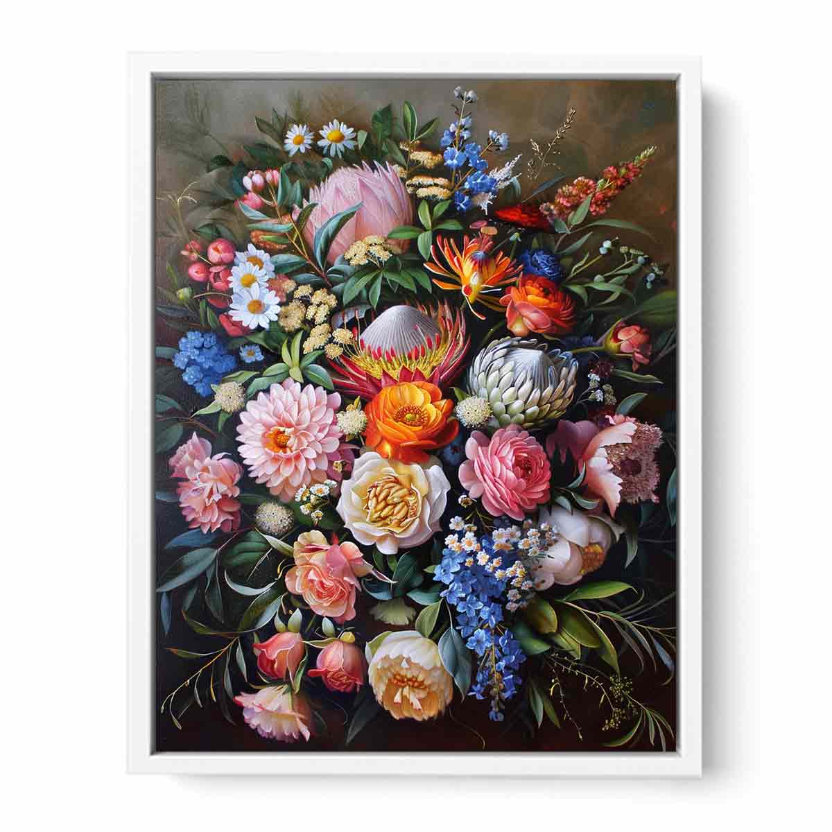 Luxury floral still life canvas print with protea flowers for elegant decor.